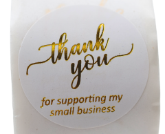 “Thank you for supporting my small business” runde klistremerker, hvite med gullskrift, på rull, 25 mm, 500 stk per rull